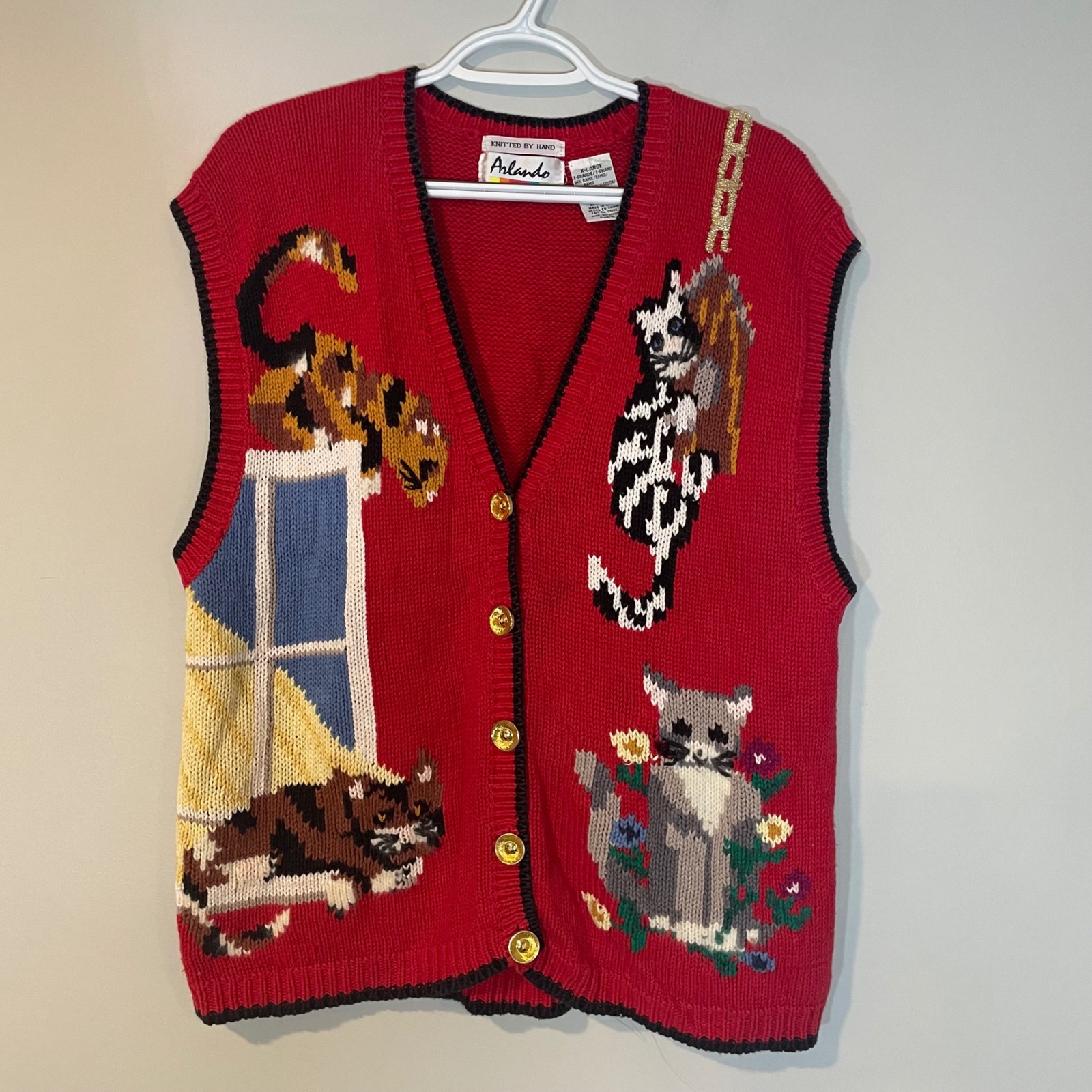 Vintage Cat Vest Sweater Women's Xl Hand Knit Gold Button Front Red Arlando 80s